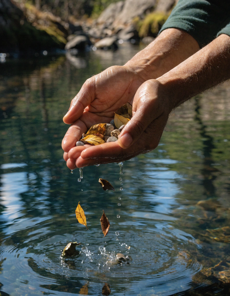 Close-up of adult hands gently releasing small stones and autumn leaves into a calm, sunlit river, with water droplets falling and soft ripples forming on the surface in a peaceful nature setting.