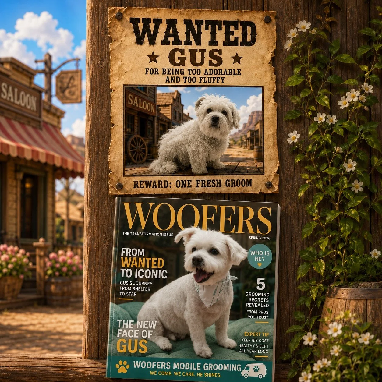 Word around town is this little outlaw rode into Woofers looking a little too wild for civilized society.

Nobody knows what he did before.
Some say he robbed three treat jars.
Some say he charmed every dog mom from here to the county line.
Some say 