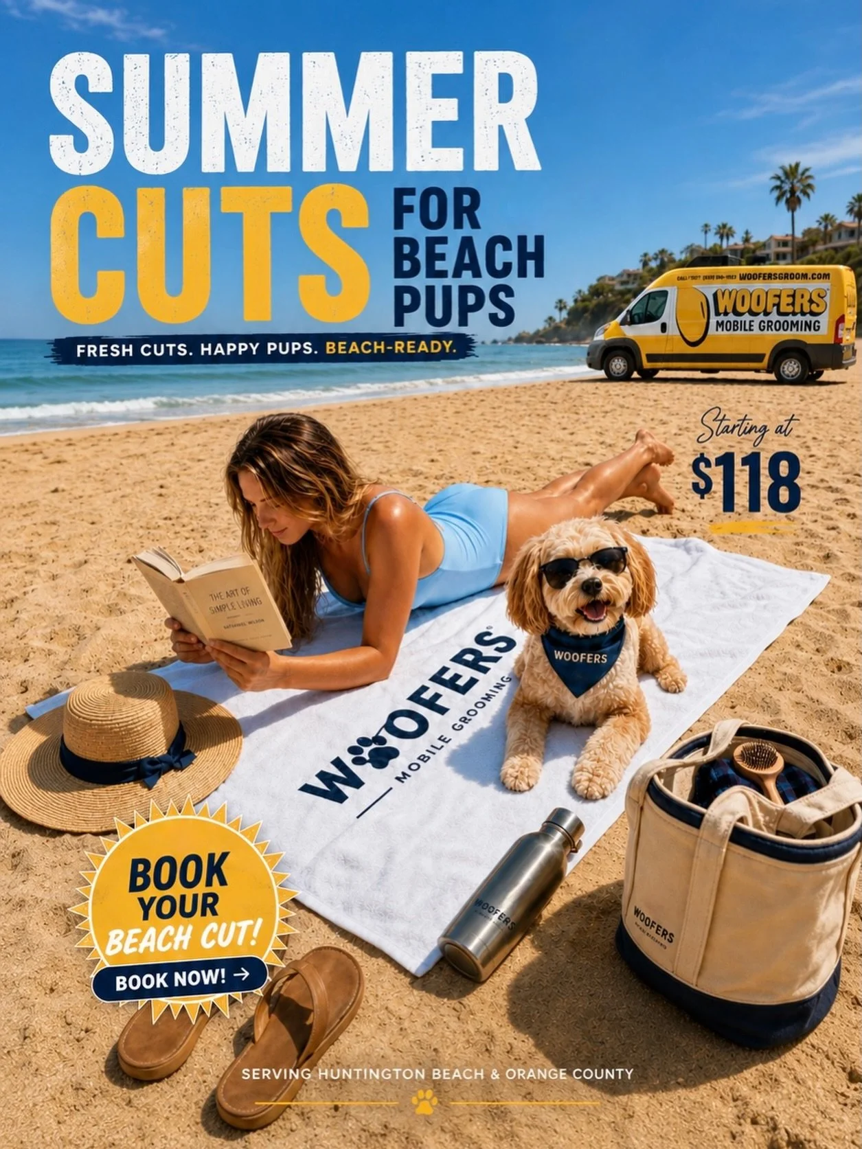 Don&rsquo;t wait until the last minute to get your pup cleaned up, comfy, and ready for all the sandy walks, salty air, and post-beach naps.

Book your pup&rsquo;s beach cut with Woofers Mobile Grooming. We come to you in Huntington Beach &amp; OC.