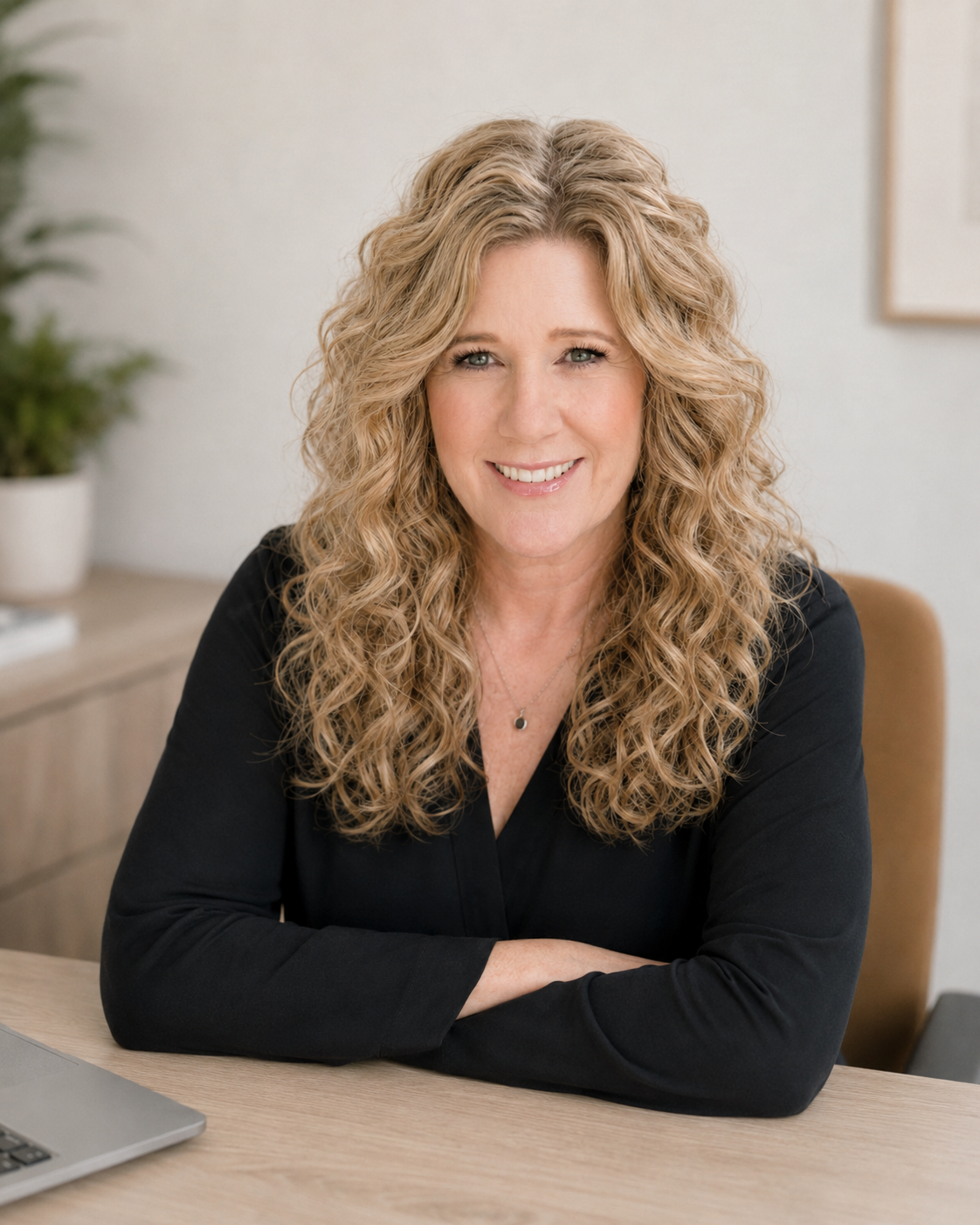 Michelle Langley, LPC sitting at a desk in an office setting, wearing a black top and a delicate necklace.