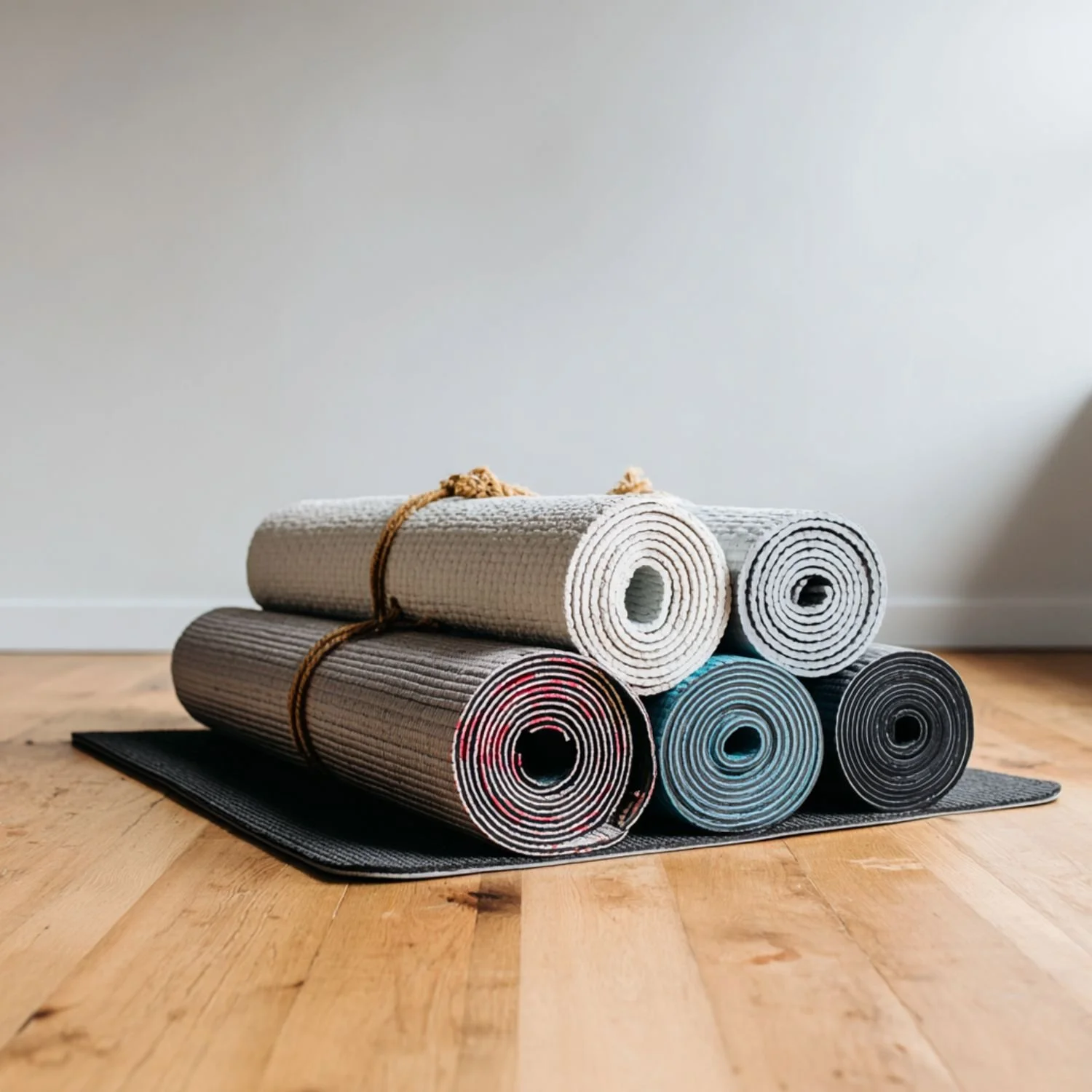 A stack of rolled yoga mats tied with a string, placed on a black yoga mat on a wooden floor against a white wall.