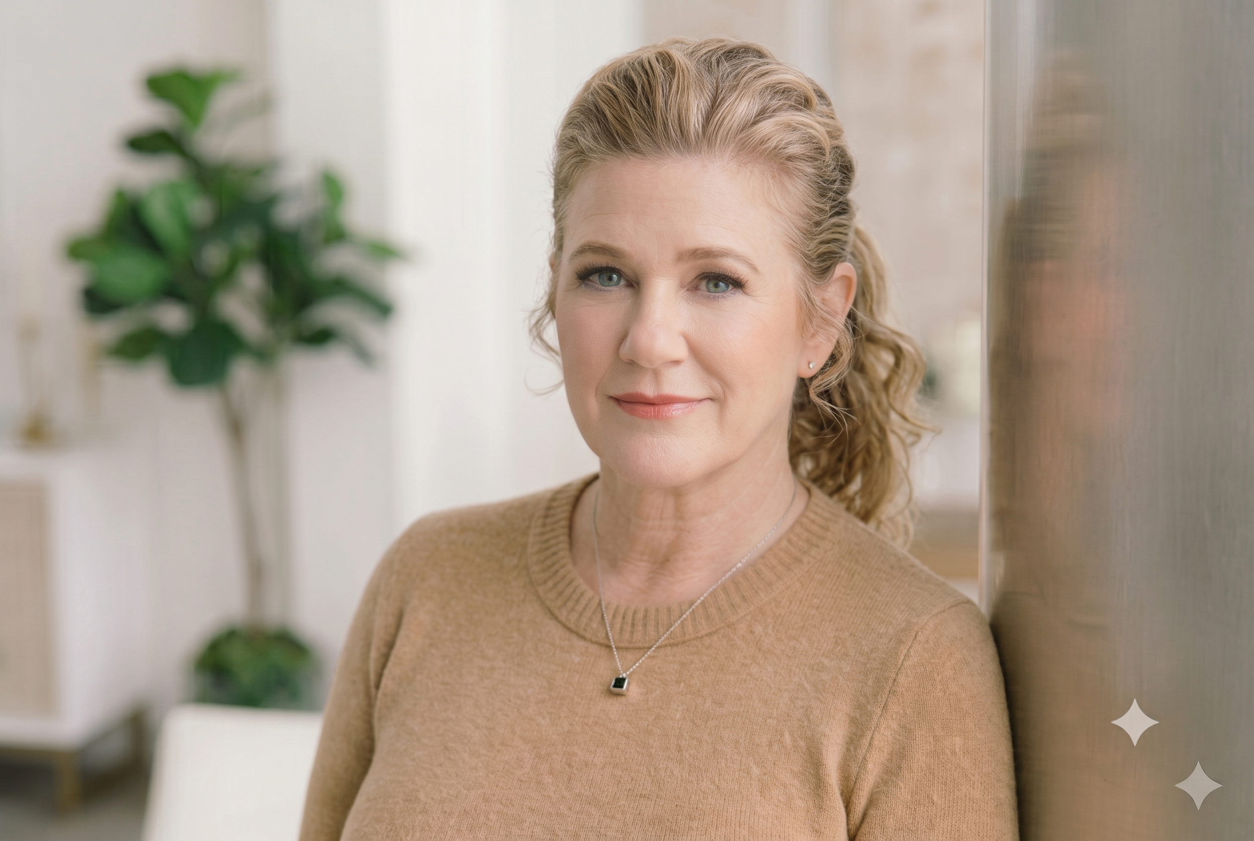 Michelle Langley, LPC smiling gently, standing indoors near a gray wall, wearing a beige sweater and a silver necklace with a black pendant.