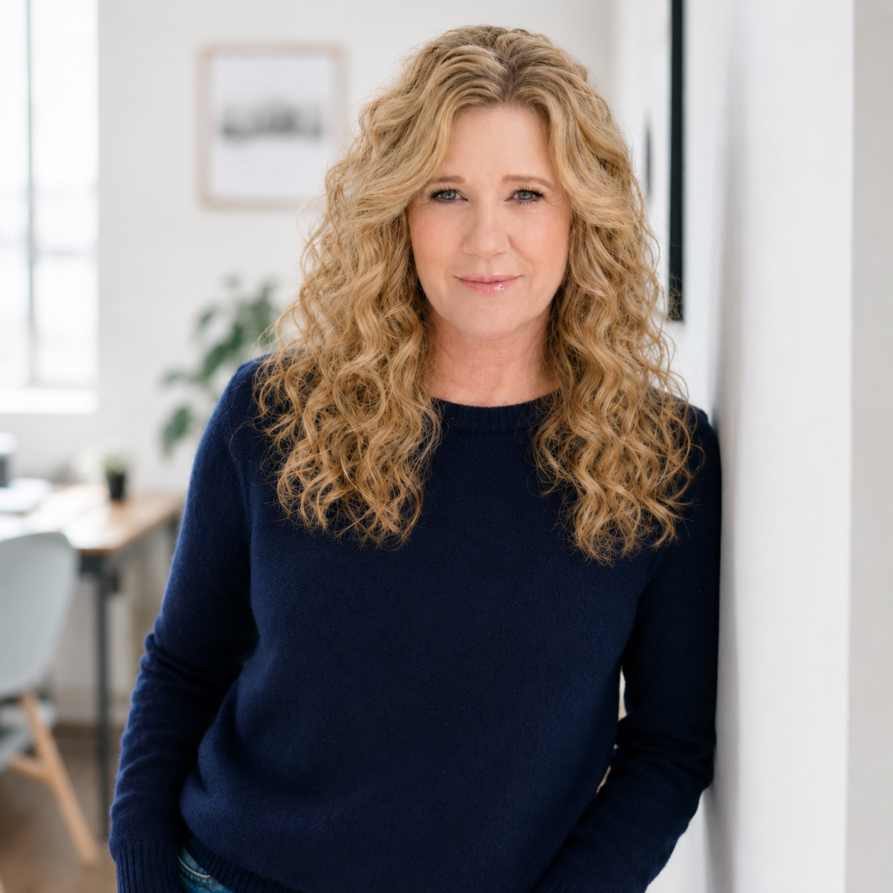 A woman with curly blonde hair and a confident smile wearing a navy sweater standing in a bright, modern home.
