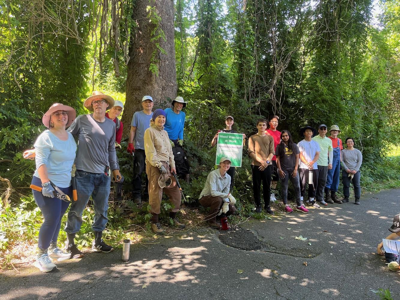 A group of volunteer weed warriors standing on the side of a forested road, holding tools and a green sign that reads, "Weed Warriors at Work, Volunteers Needed!" They are dressed in outdoor clothing and hats, surrounded by lush green trees and foliage.