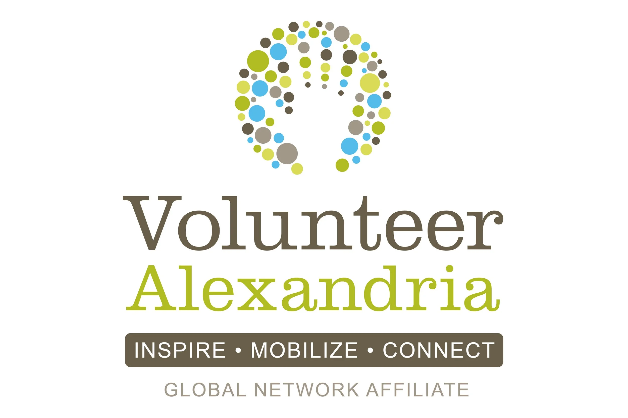 Logo for Volunteer Alexandria with a stylized tree made of multicolored circles and the words 'Volunteer Alexandria' with additional text 'Inspire, Mobilize, Connect' and 'Global Network Affiliate'.