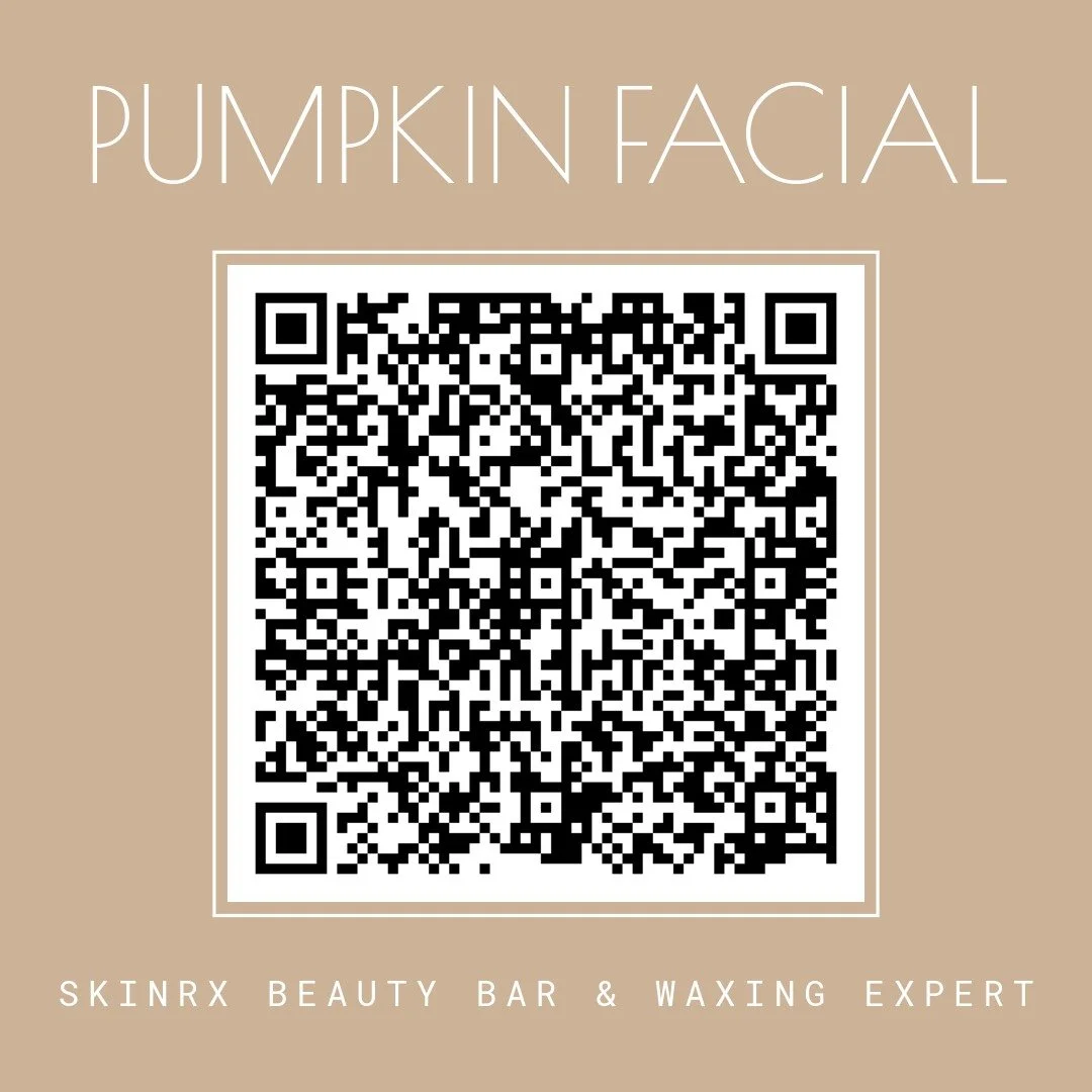 A promotional poster for Pumpkin Facial at SKINRX Beauty Bar & Waxing Expert, with a QR code for more information or booking.