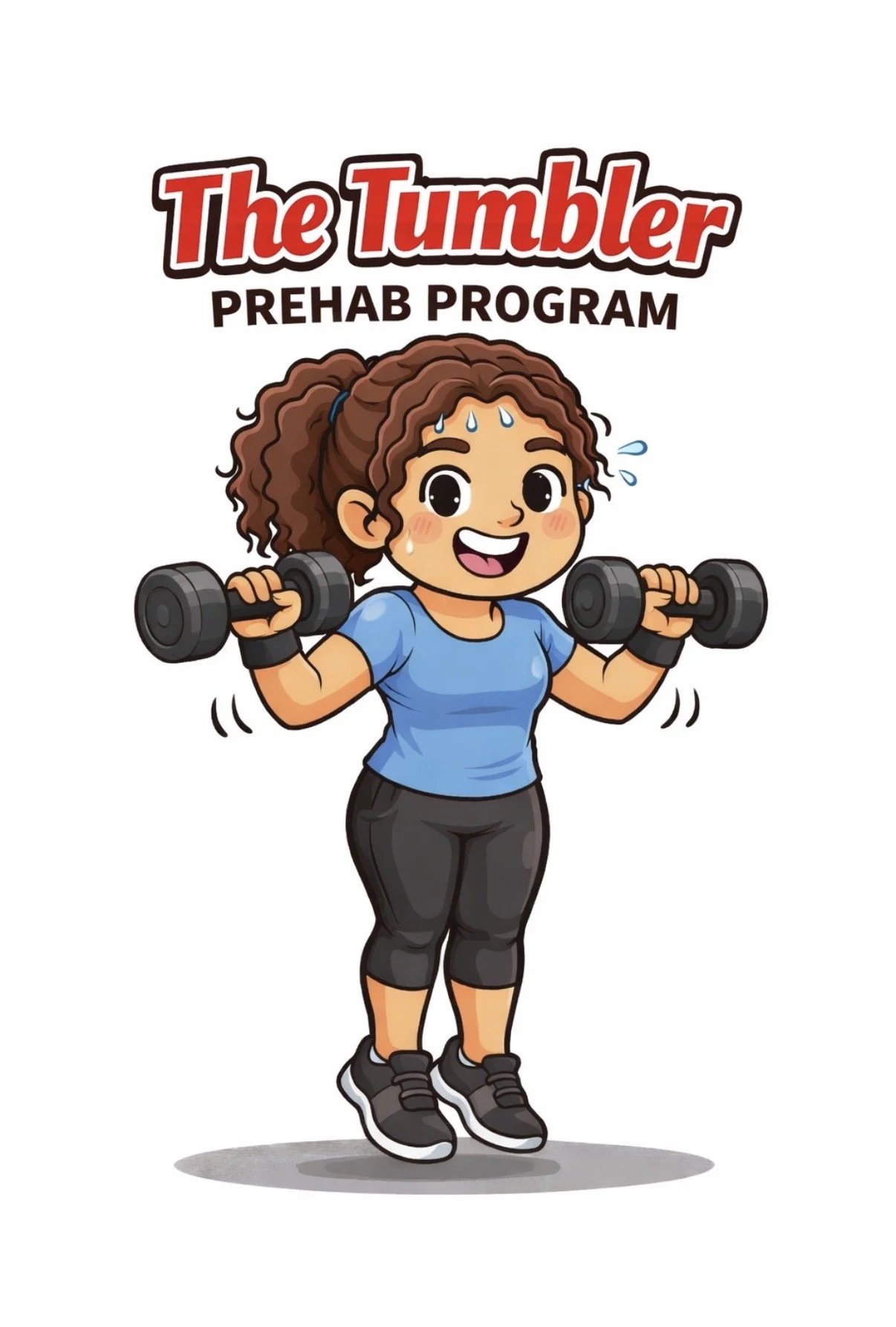 Cartoon girl lifting dumbbells with the text 'The Tumbler Prehab Program' above her.