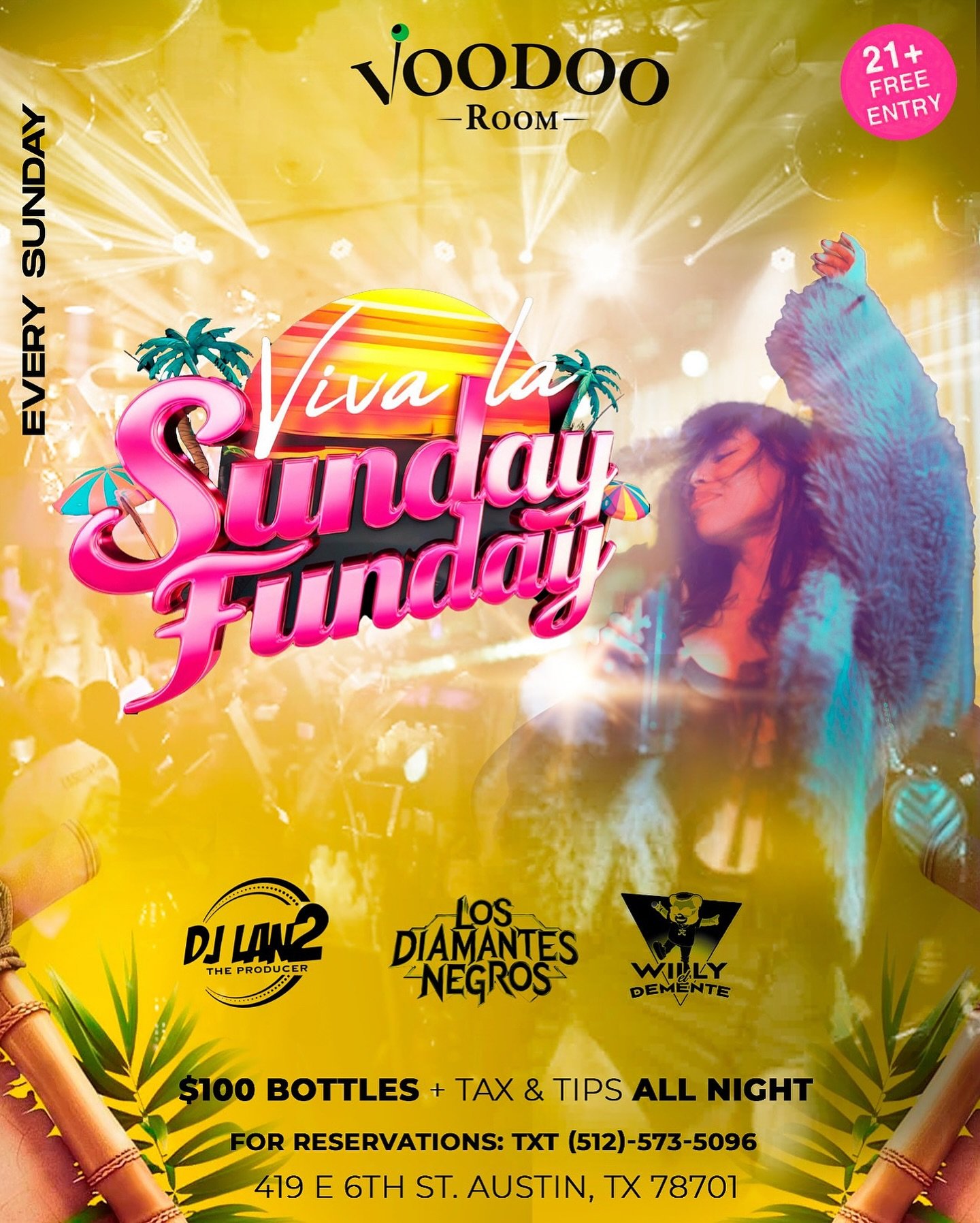 🎉 Viva La Sunday Funday 🔥
TONIGHT at Voodoo Room &ndash; La rumba sigue 🪩💃🏽
🌴 Good vibes, m&uacute;sica 🔊, y $100 bottles all night 🍾

🎧 Sounds by:
🎵 @djlan2_theproducer 
🎤 Hosted by @willyeldemente 

📍 419 E 6th St, Austin, TX
✅ 21+ | FR