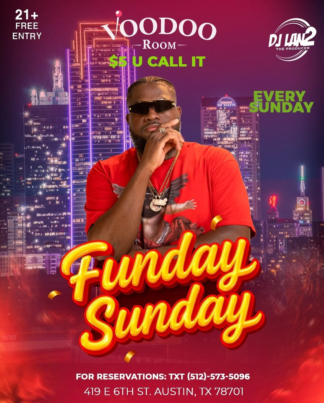🔥 FUNDAY SUNDAY at Voodoo Room TONIGHT! 🔥
Austin, pull up for the livest Sunday vibes in the city!
✅ 21+ | FREE ENTRY
✅ $5 U CALL IT all night
🎧 Music by: @djlan2_theproducer 

Tap in early, vibes start going crazy quick!
📍 419 E 6th St, Austin, 