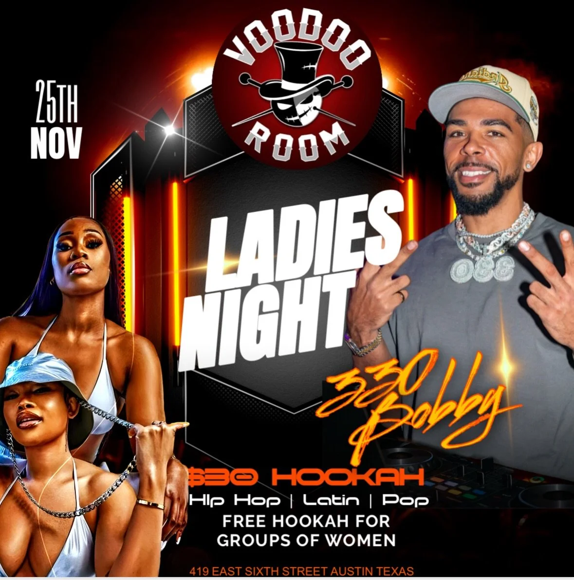 TUESDAY LADIES NIGHT @ VOODOO ROOM ✨
Downtown Austin turns UP on a Tuesday &mdash; don&rsquo;t stay home 👀

Ladies, grab your besties and slide through:
💋 FREE entry all night
💨 Free hookah for groups of ladies
🍹 $5 U-Call-Its to keep the vibes f