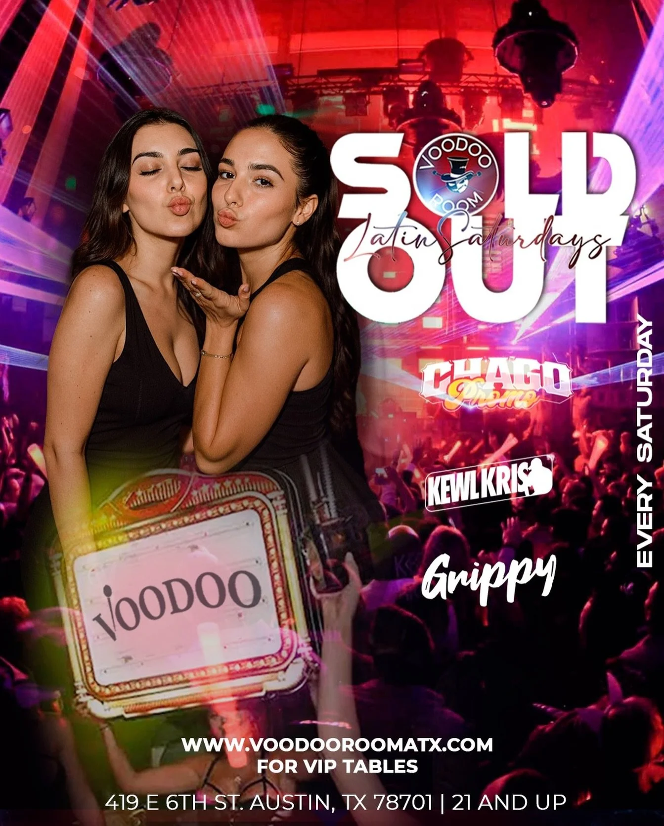 🔥 TONIGHT at VOODOO ROOM 🔥
Latin Saturdays are always a movie&hellip; pull up early because we stay PACKED every weekend.
Good vibes, beautiful people, and the best Latin party in Austin. 💃🏽🕺🏽

🎶 Music by: Chago, Kewl Kris, Grippy
📍 419 E 6th