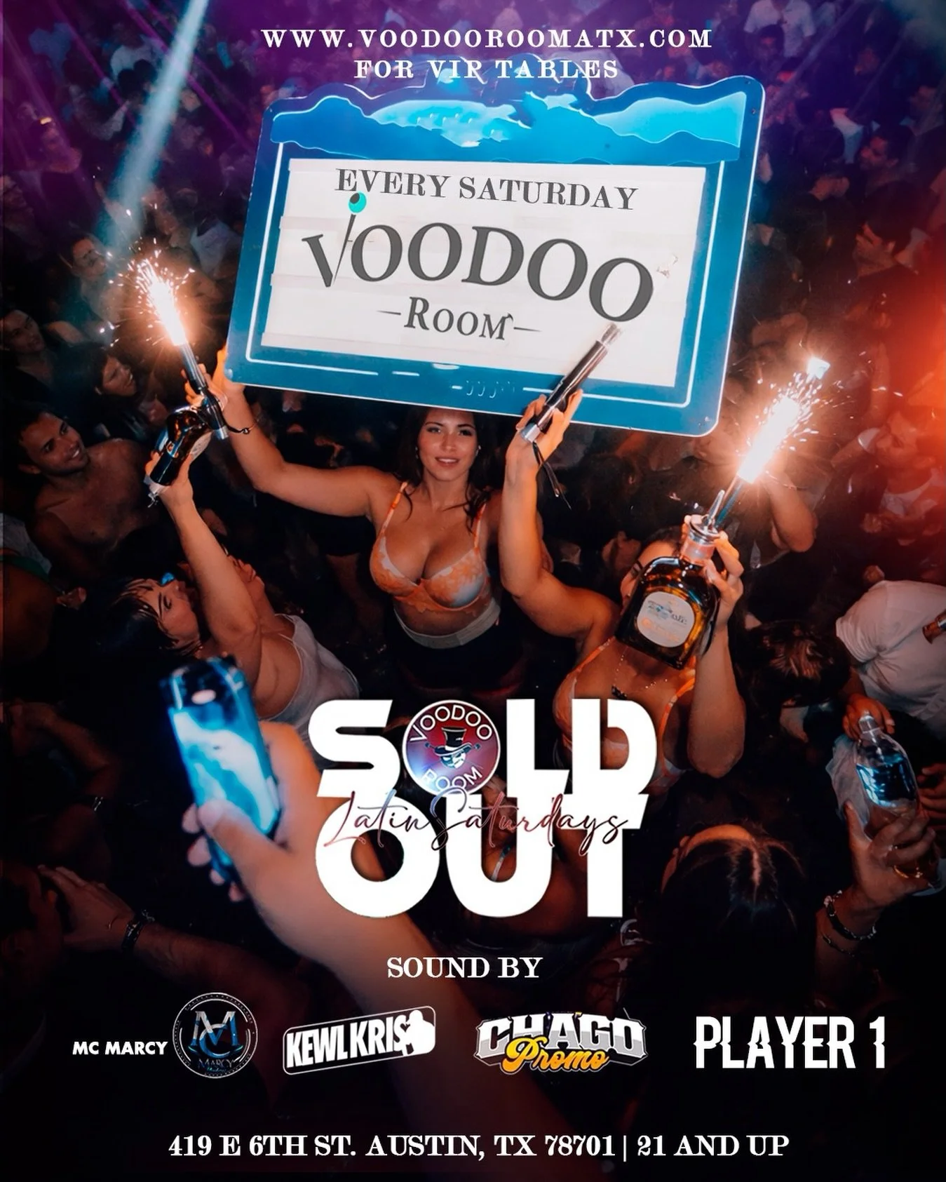 🔥 TONIGHT IN AUSTIN 🔥

Step into the vibe at Voodoo Room &mdash; where Saturdays hit different 💃🏽✨

🎶 Latin Saturdays
🍾 Bottles, sparks, and nonstop energy
🎧 Sounds by: MC Marcy | KewlKris | Chago Promo | Player 1

📍 419 E 6th St, Austin, TX
