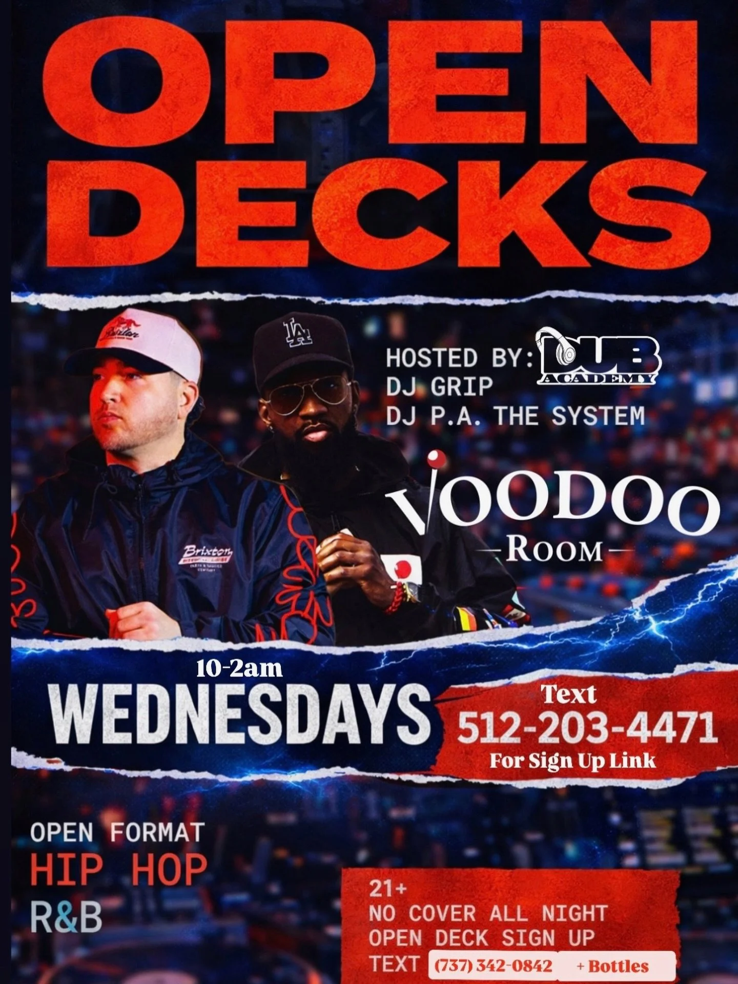🚨 OPEN DECKS TONIGHT 🚨

Austin, it&rsquo;s going DOWN at Voodoo Room 🔥

Pull up and show what you got 🎧
Whether you spinning hip hop, R&amp;B, or open format &mdash; the decks are OPEN

🗓 Wednesdays
⏰ 10PM &ndash; 2AM
📍 Voodoo Room

Hosted by D