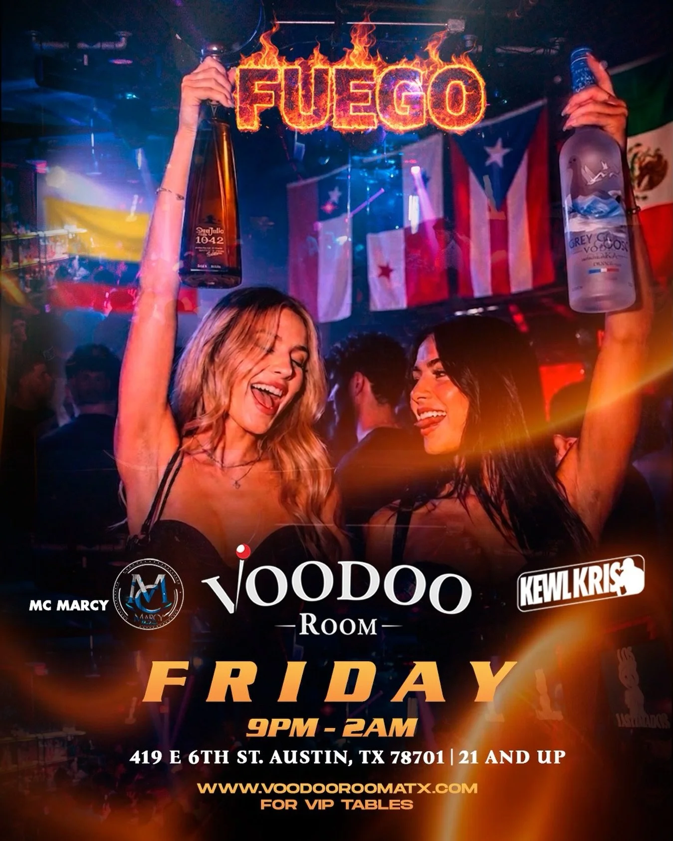 🔥 FUEGO FRIDAYS ARE BACK TONIGHT 🔥

Austin, are you ready to turn up? 🚨 Join us at Voodoo Room for a night of nonstop Latin vibes, reggaeton, perreo, and the hottest party on 6th Street! 💃🏽🕺🏽

🎤 MC Marcy
🎧 KEWLKRIS
⏰ 9PM &ndash; 2AM
📍 419 E