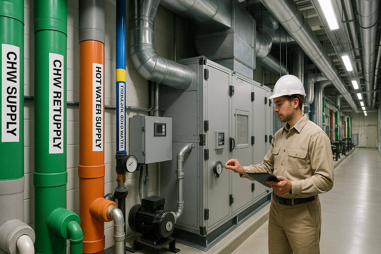 Government mechanical room, labeled piping, AHUs.