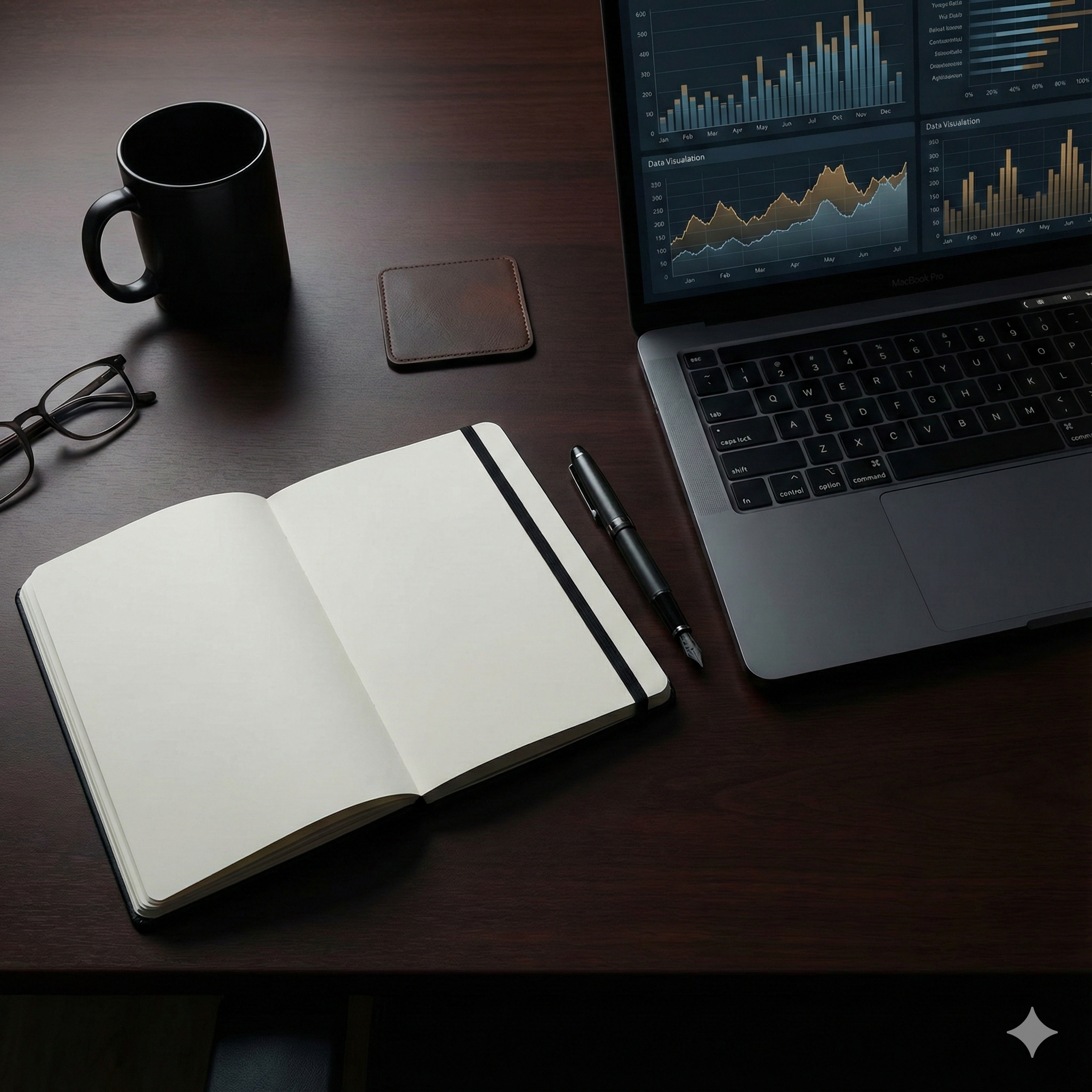 Desk with notebook and laptop dashboards