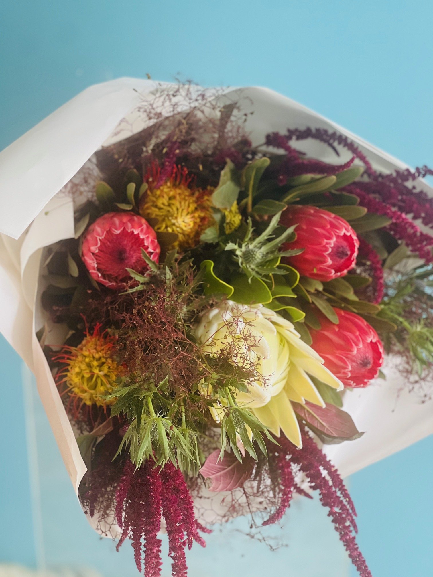 native bouquet, native flowers, flax flower, proteas, king protea, sea holly, florist mount coolum, florist coolum beach, flax flower,.jpg