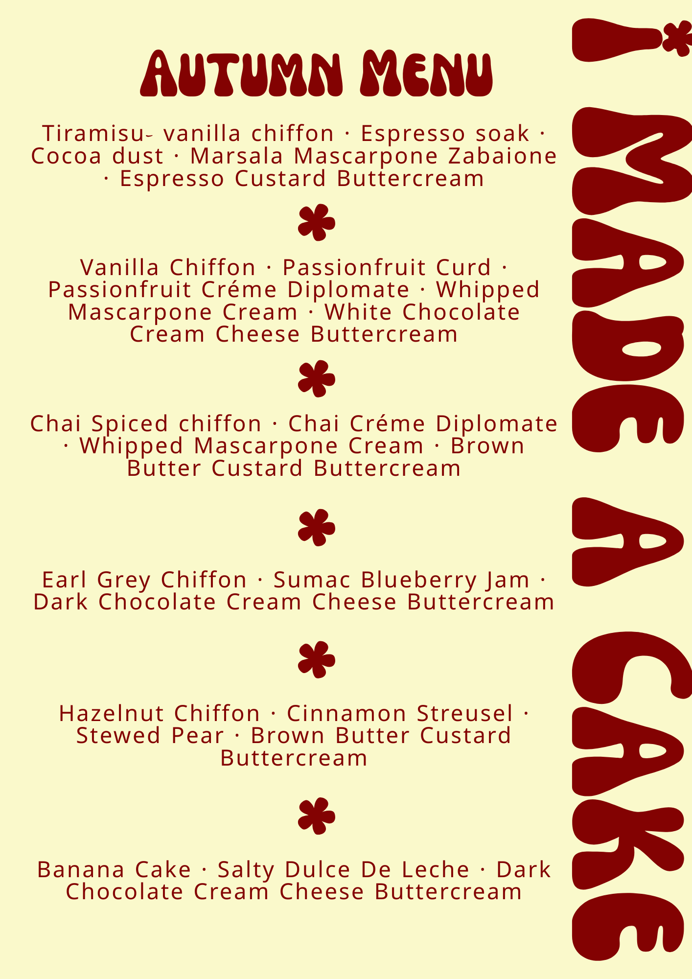 A fall-themed menu list of desserts, featuring items such as tiramisu, vanilla chiffon, passionfruit curd, and dark chocolate cheesecake.