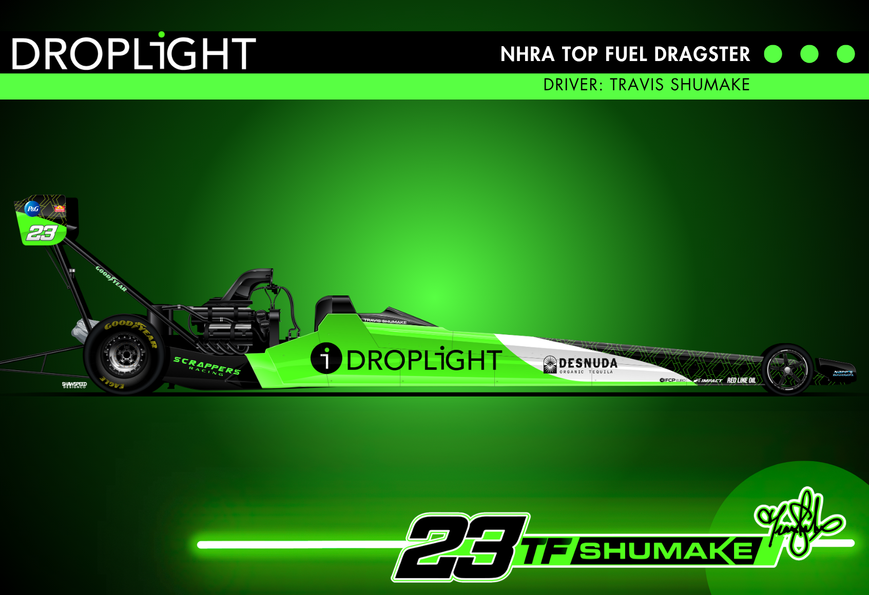 2025 NHRA Top Fuel Dragster featuring WWEX Group branding, designed for driver Travis Shumake, displayed on a blue background with logos and signature in the bottom corner.