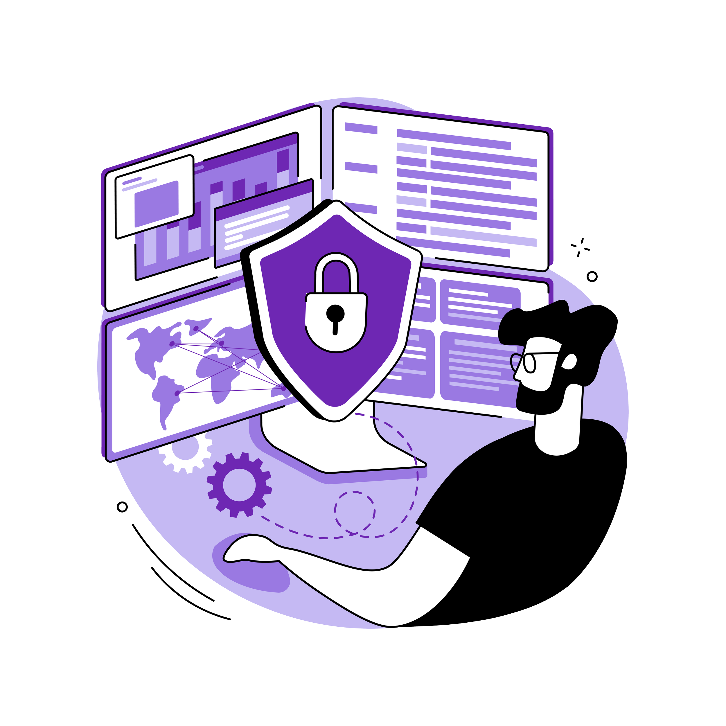 Illustration of a person in front of multiple computer screens displaying graphs, code, and a world map, with a large shield and padlock symbolizing cybersecurity and data protection.