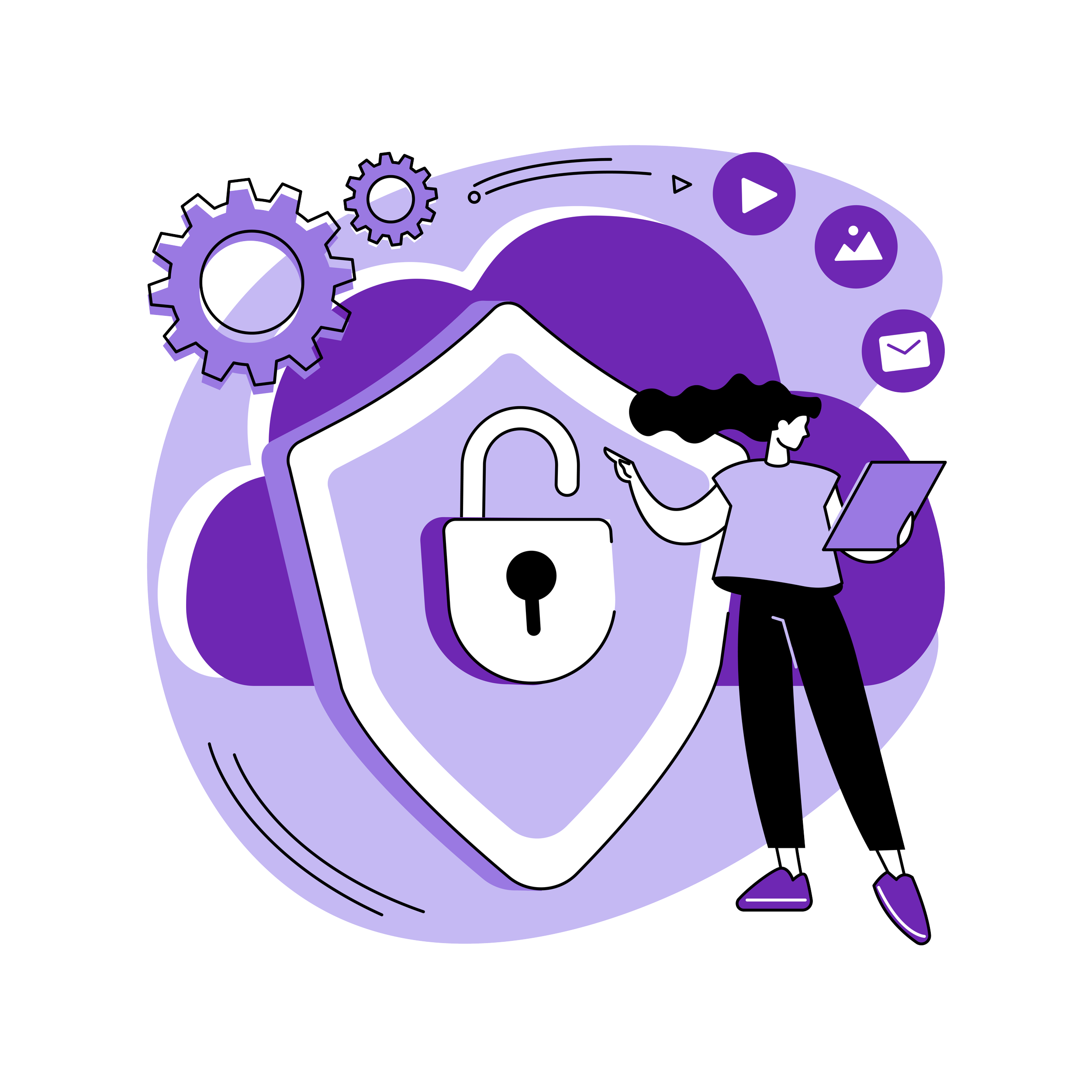 Illustration of a person with a tablet pointing at a shield with a padlock, surrounded by gears and icons, symbolizing data security and digital protection.