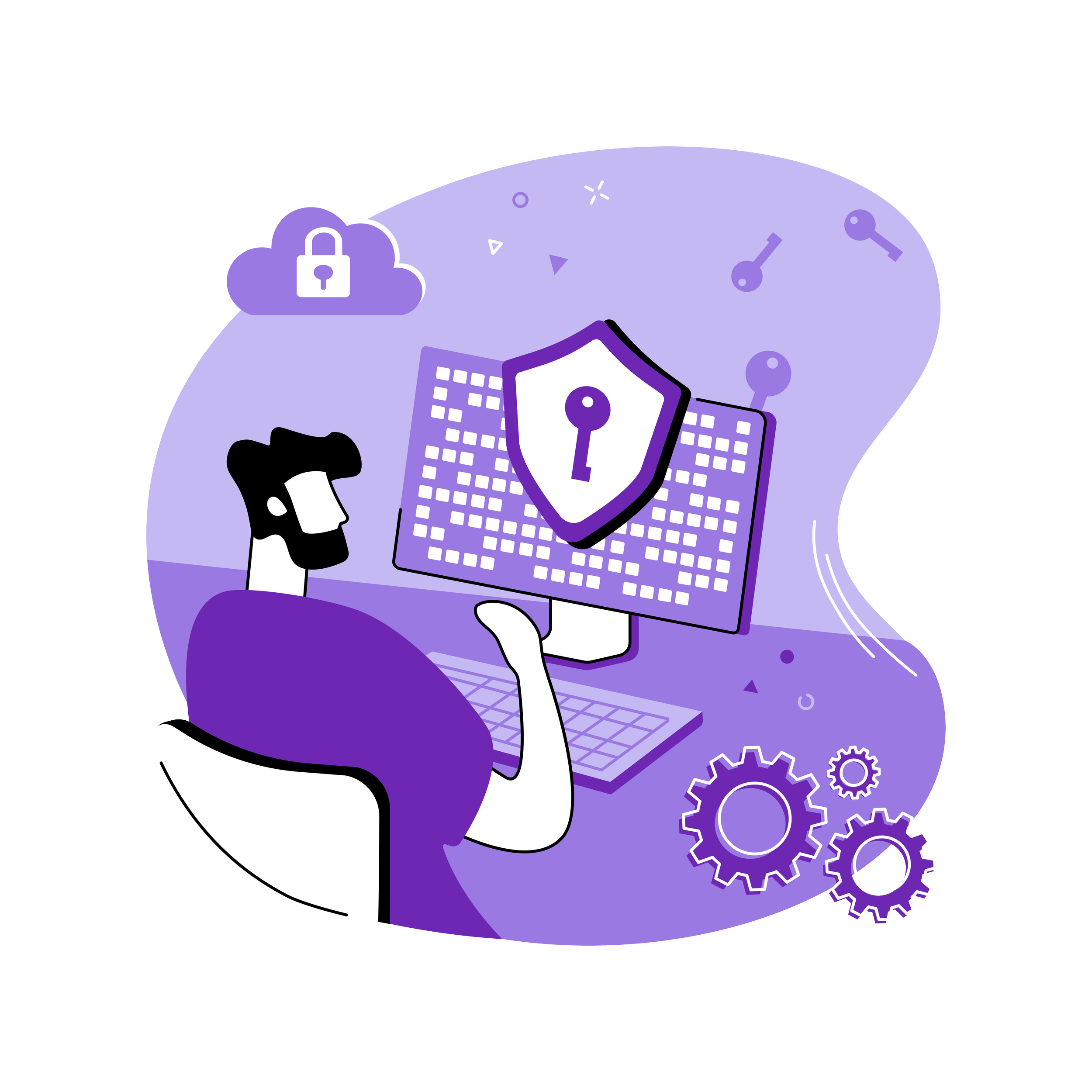 Illustration of a person at a computer with a security theme, featuring a shield with a keyhole, cloud with padlock, and gears.