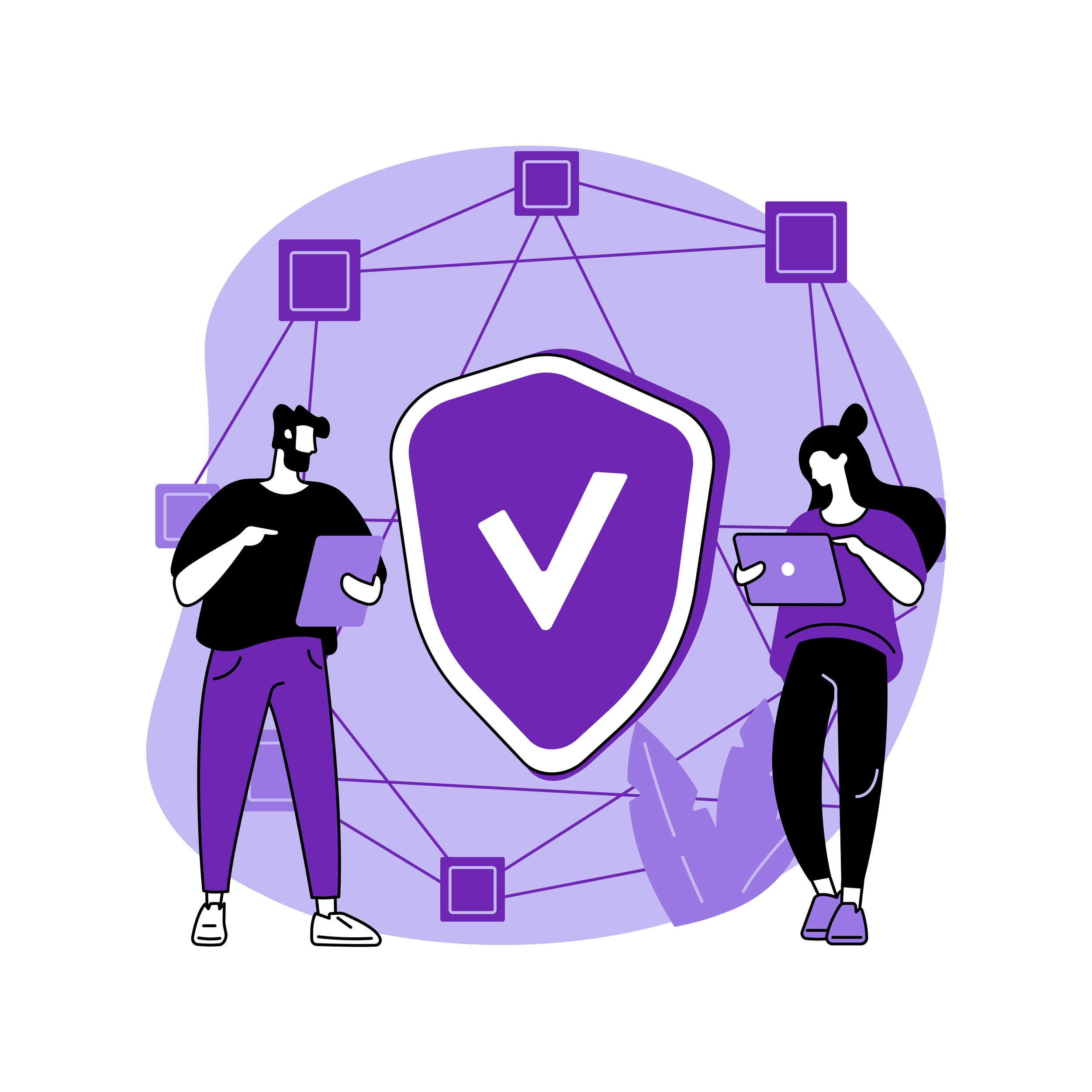 Illustration of two people with laptops standing next to a large shield symbol with a checkmark, representing network security or verification.