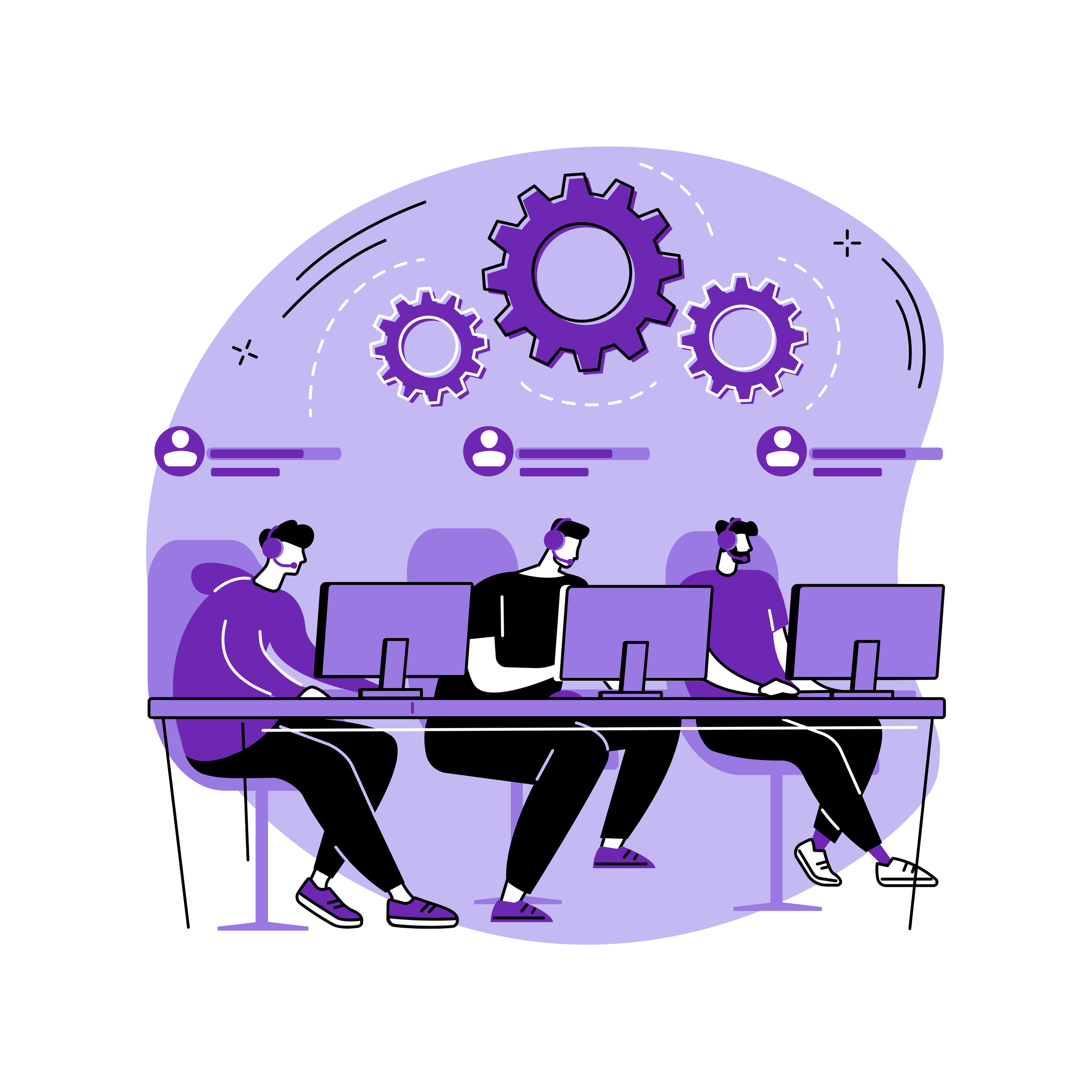 Illustration of three people sitting at a desk with computers, wearing headsets, and gears in the background, representing teamwork or IT support.