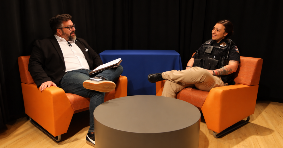 two people Josh & Officer Hitt talking on the podcast