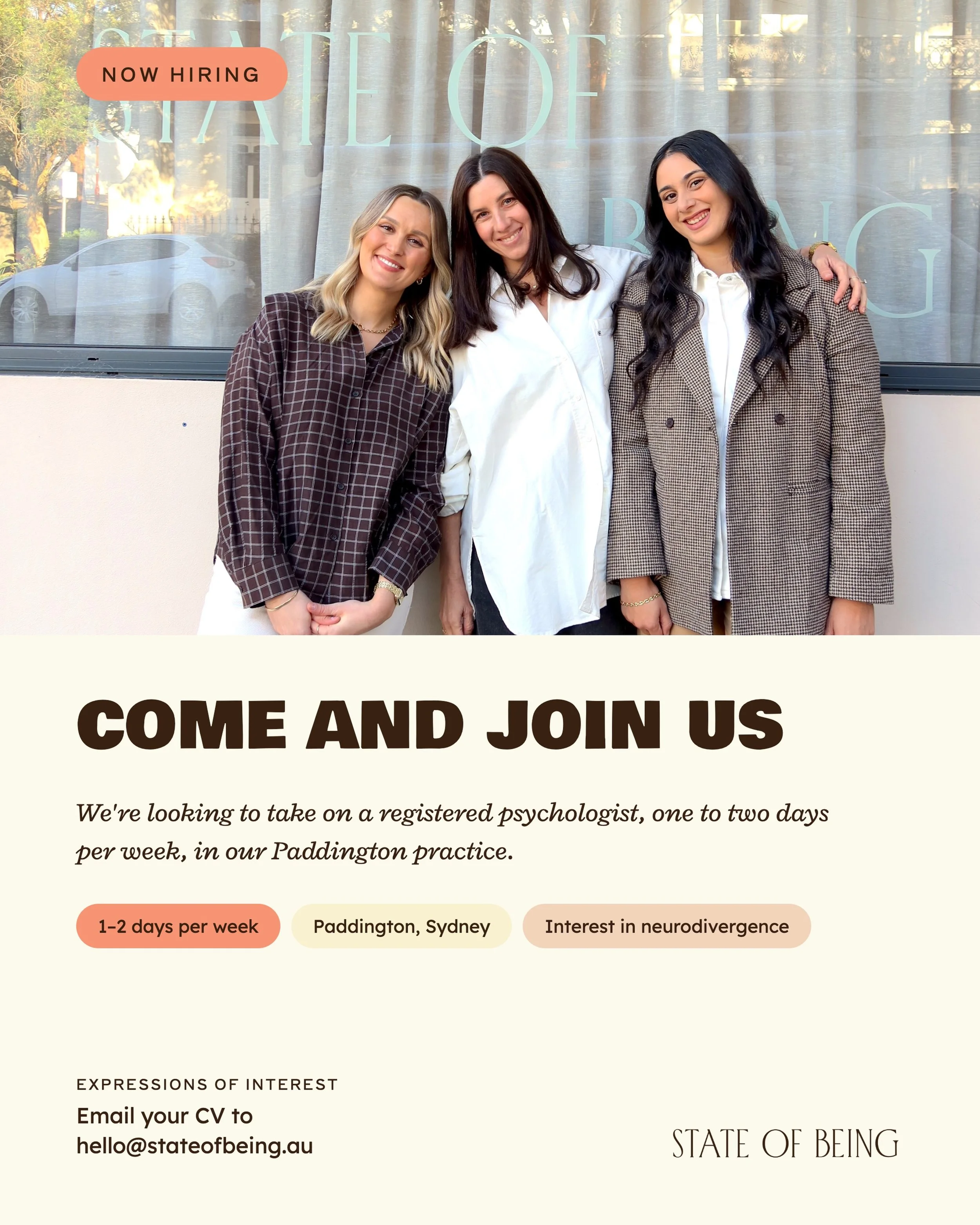We&rsquo;re growing our team 🤎

We&rsquo;re looking for a registered psychologist to join us at State of Being in Paddington for 1-2 days per week.

State of Being is a small, psychology-led practice designed to feel warm, human and a little differe