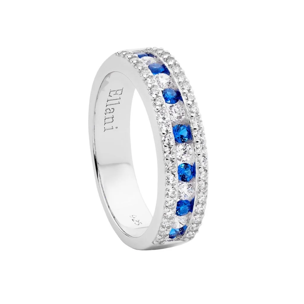 Ellani Blue and White Cubic Zirconia Channel Set Centre Row Ring