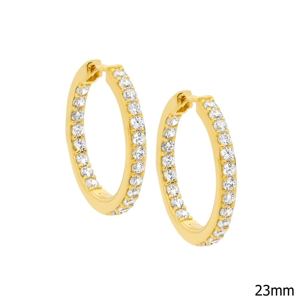 SS WH CZ Inside Out 23mm Gold Plated Hoops