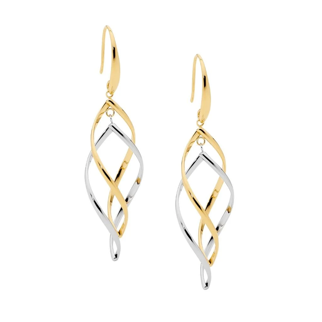 Double Twist Drop Earrings With Two Tone Gold Plating