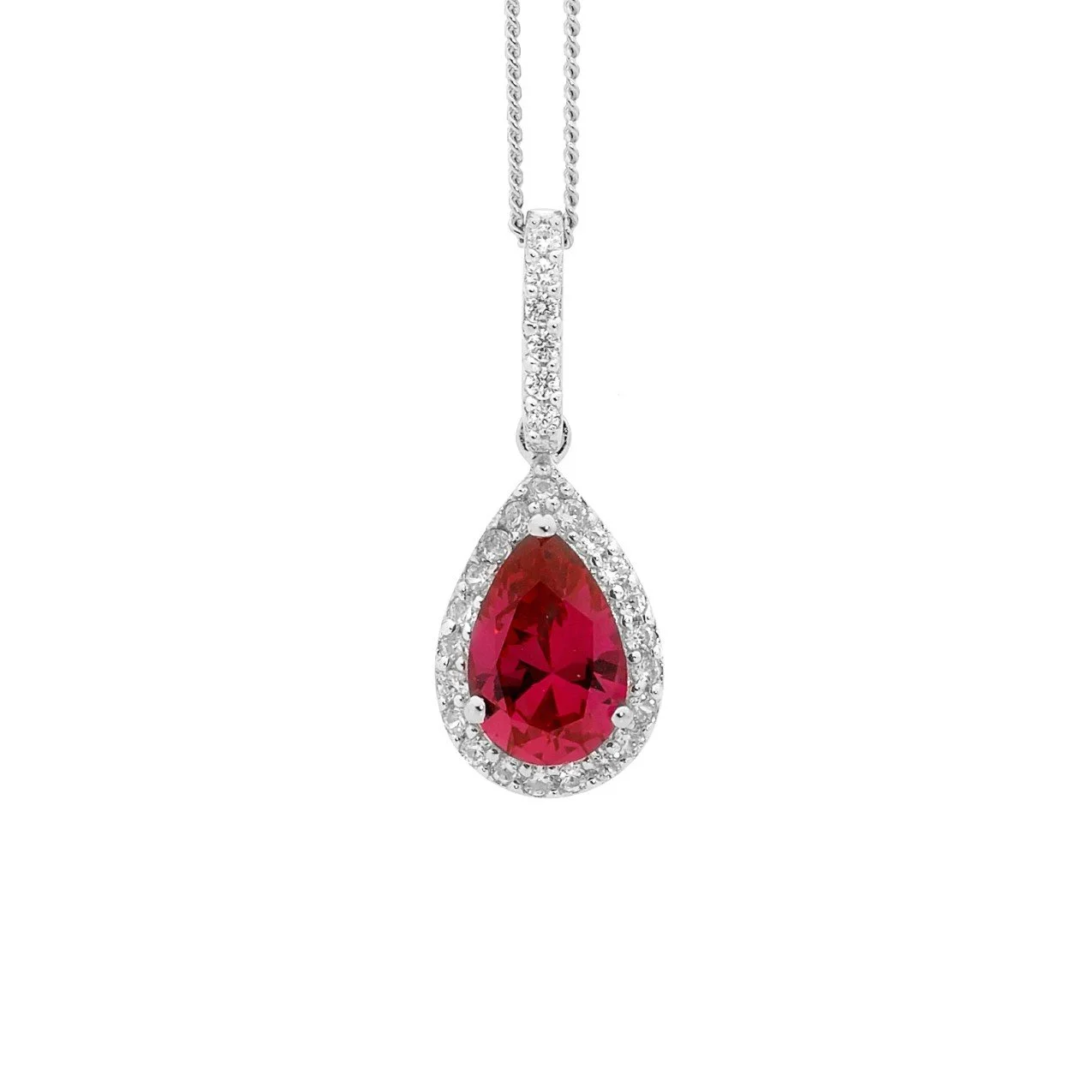 Red Cubic Zirconia Pear Drop pendant with White Cubic Zirconia Halo