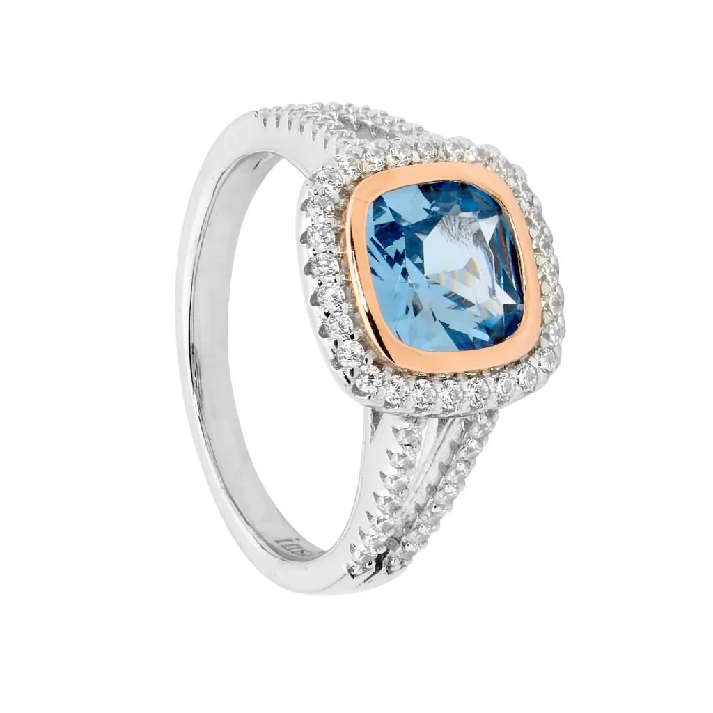 Ellani blue spinel cushion cut cubic zirconia halo split band ring