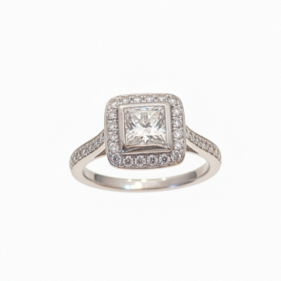18ct White Gold Princess Cut Ring Bezel Set with Diamond Halo