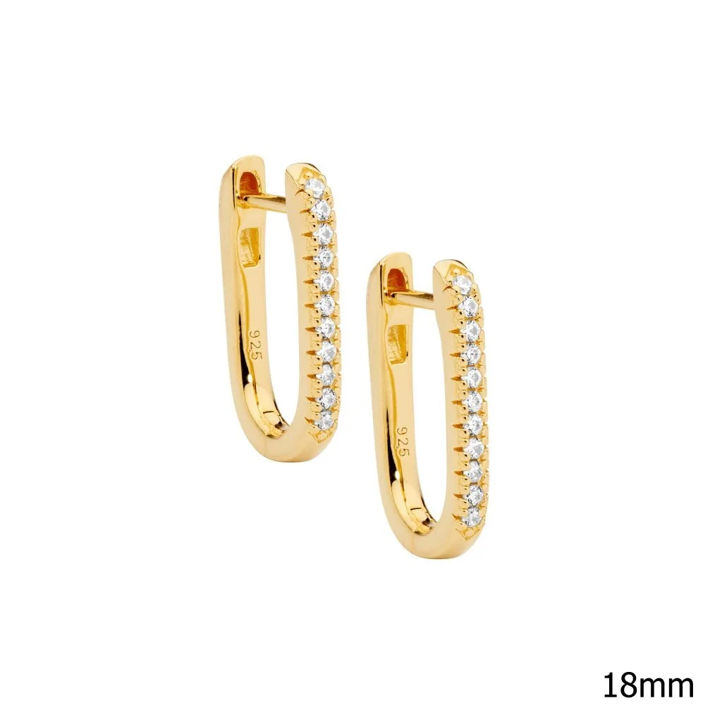 Ellani 18mm oval hoop earrings with cubic zirconias and gold plating E610G
