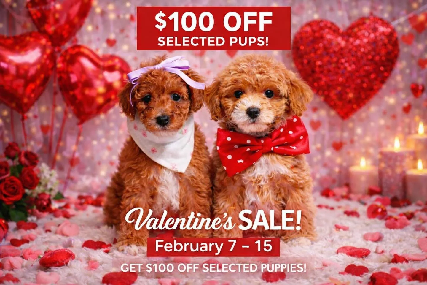 💘 Valentine&rsquo;s Sale is HERE! 💘
Fall in love with your new best friend this Valentine&rsquo;s Day! 🐾
For a limited time, enjoy $100 OFF selected pups 🐶💕

📅 February 7 &ndash; February 15
✨ Don&rsquo;t miss this sweet deal &mdash; these babi