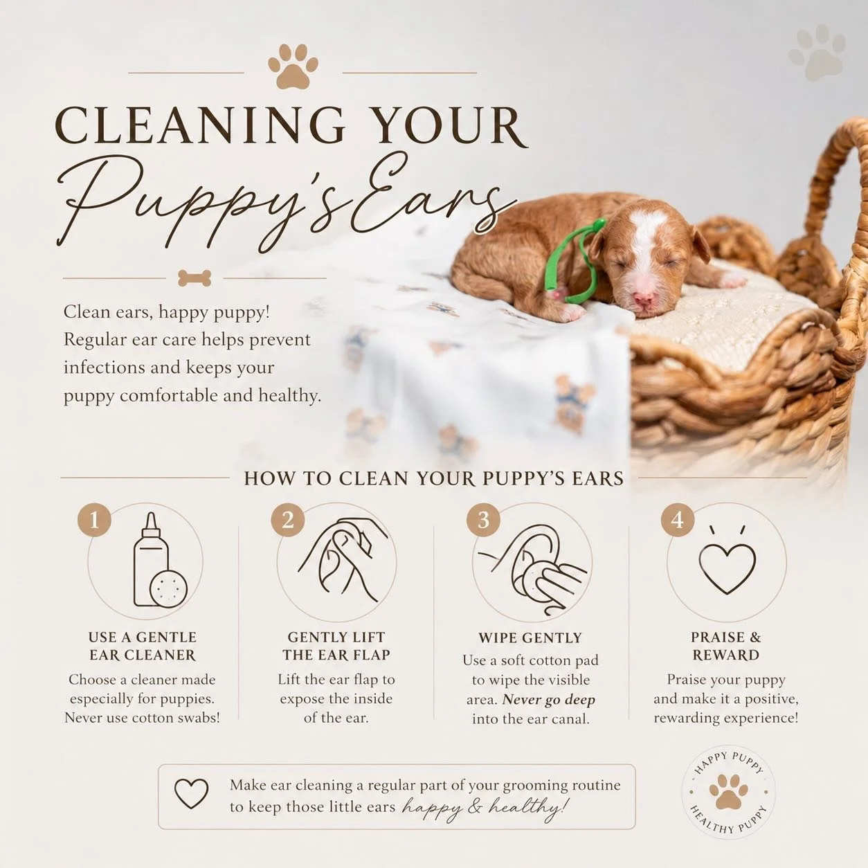 🐾 Puppy Ear Cleaning 🐾

Keeping your puppy&rsquo;s ears clean is an important part of their grooming routine! Regular ear care helps prevent infections, removes dirt buildup, and keeps your little one comfortable &amp; healthy. 🤍

✨ Quick Tips:
&b