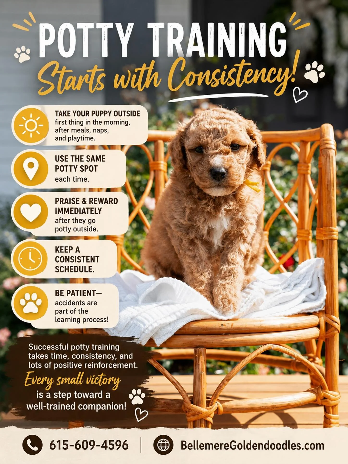 PUPPY POTTY TRAINING 🐾

✅ Take puppy out every 2&ndash;3 hours
✅ Go out after meals, naps &amp; playtime
✅ Use the same potty spot each time
✅ Reward good potty habits immediately
✅ Stay consistent and be patient

Consistency = Success! 🐶❤️

📞 615