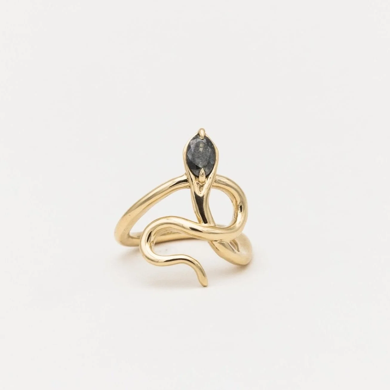 Gold snake-shaped ring with black gemstone on a white background.