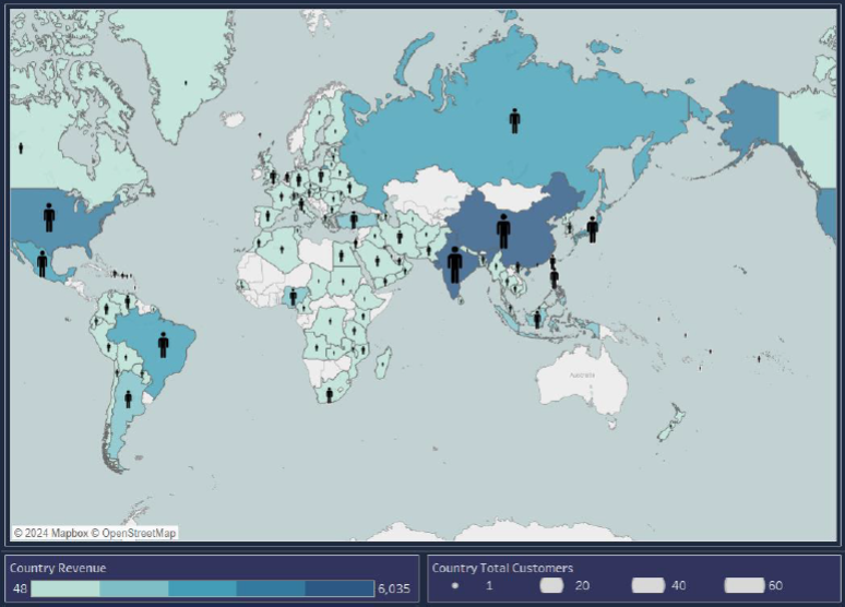 World map showing country revenue and total customers with icons representing customer numbers.