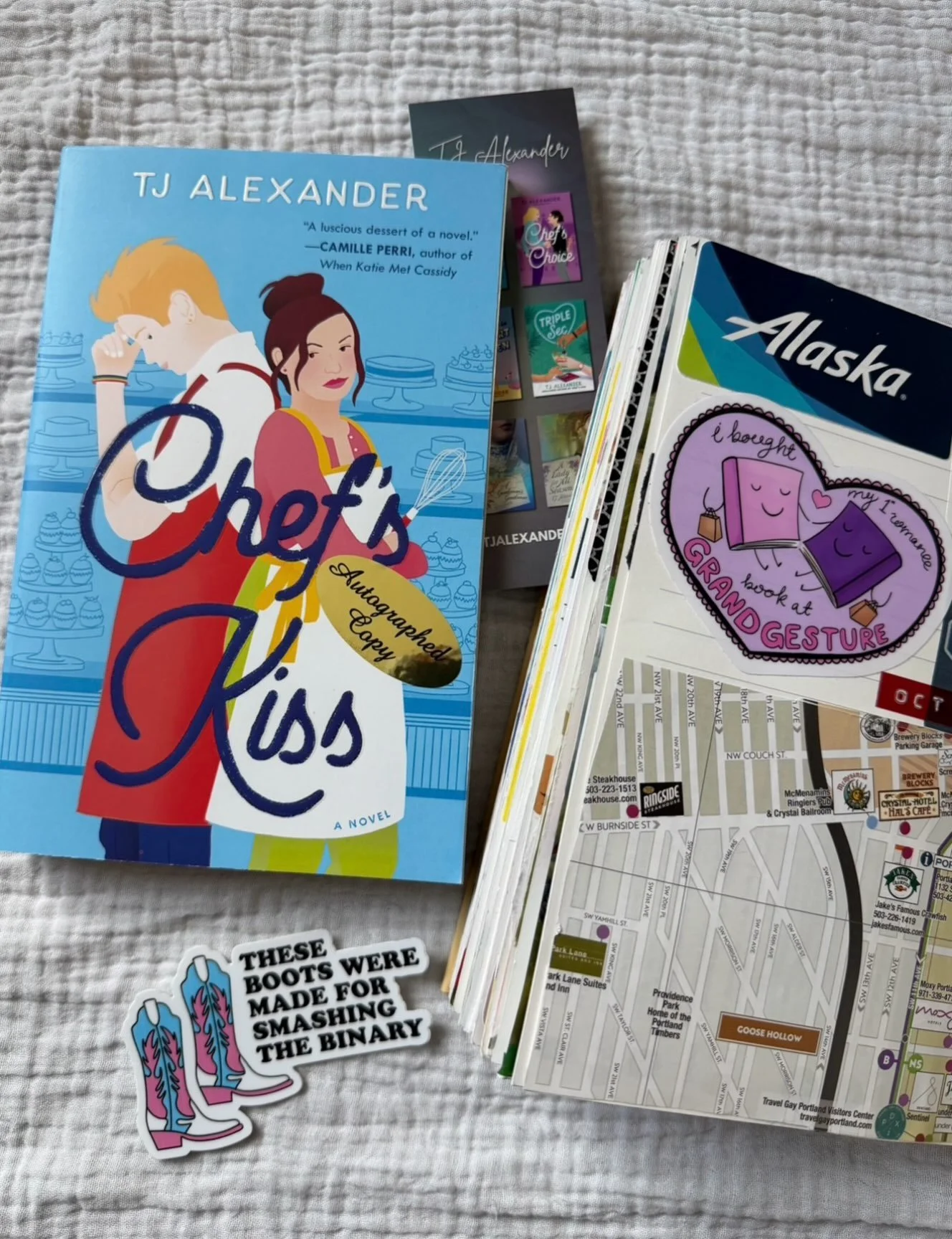 Such a fun trip to Portland (I had to journal it!) and our last stop was @grandgesturebooks ! I picked up this awesome sticker and a signed @tjalexandernyc book! I&rsquo;m so excited to dive in!!Second Chances In New Port Stephen is a favorite of min