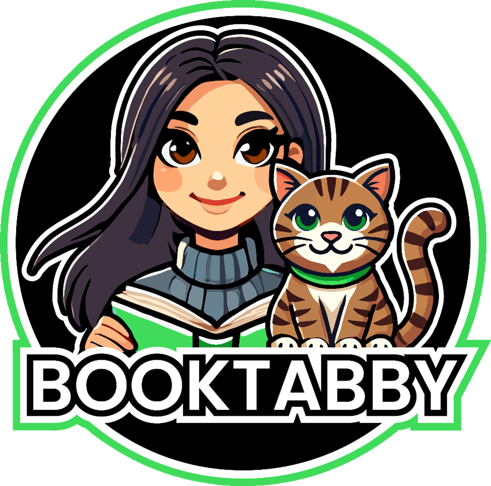 BookTabby Logo with open book with tabby cat.