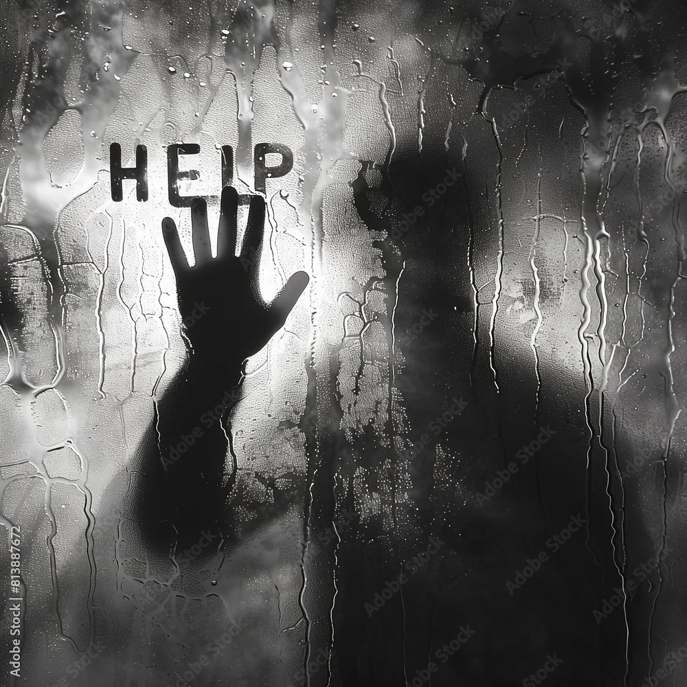 A silhouette of a person standing behind a foggy window with raindrops, writing the words "HELP" on the glass with their hand.