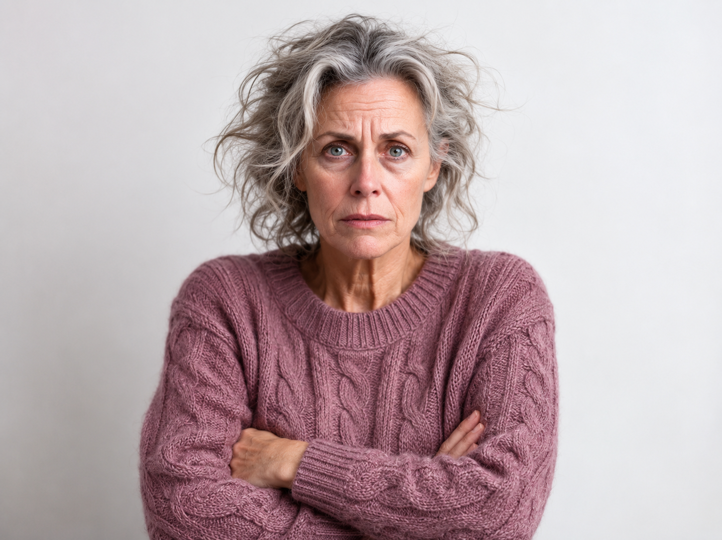 older woman in a cozy mauve cable-knit sweater with slightly tousled hair, a subtly frazzled expression