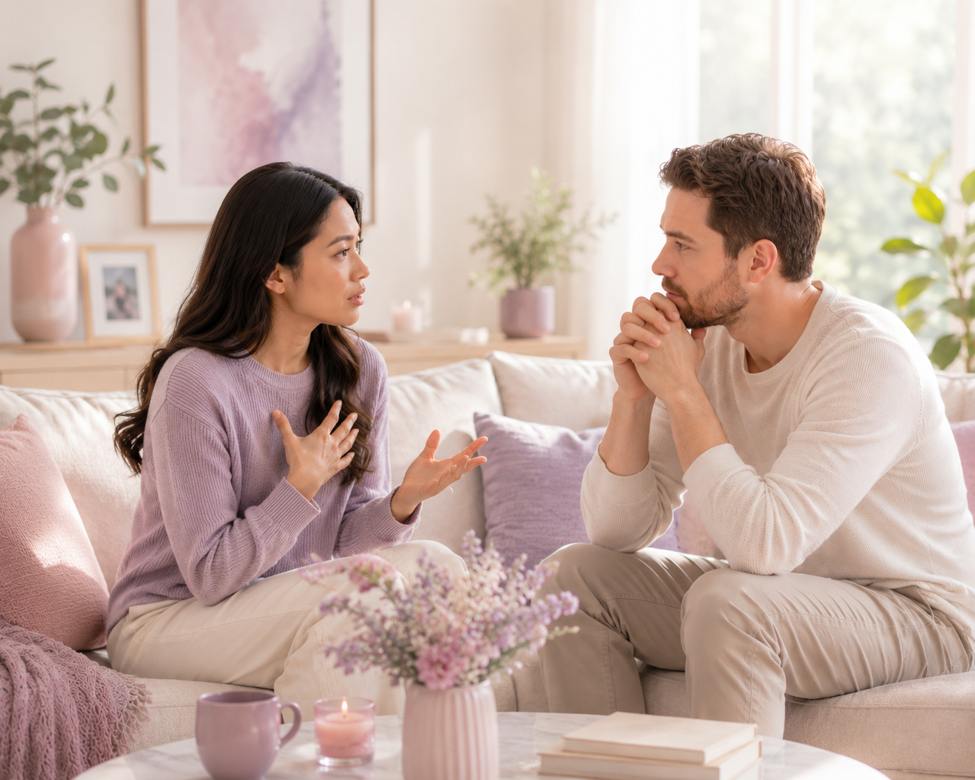 Couple in Pastel Living Room Conversation