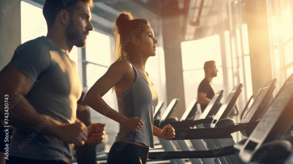 Three people running on treadmills in a gym with sunlight streaming through large windows.