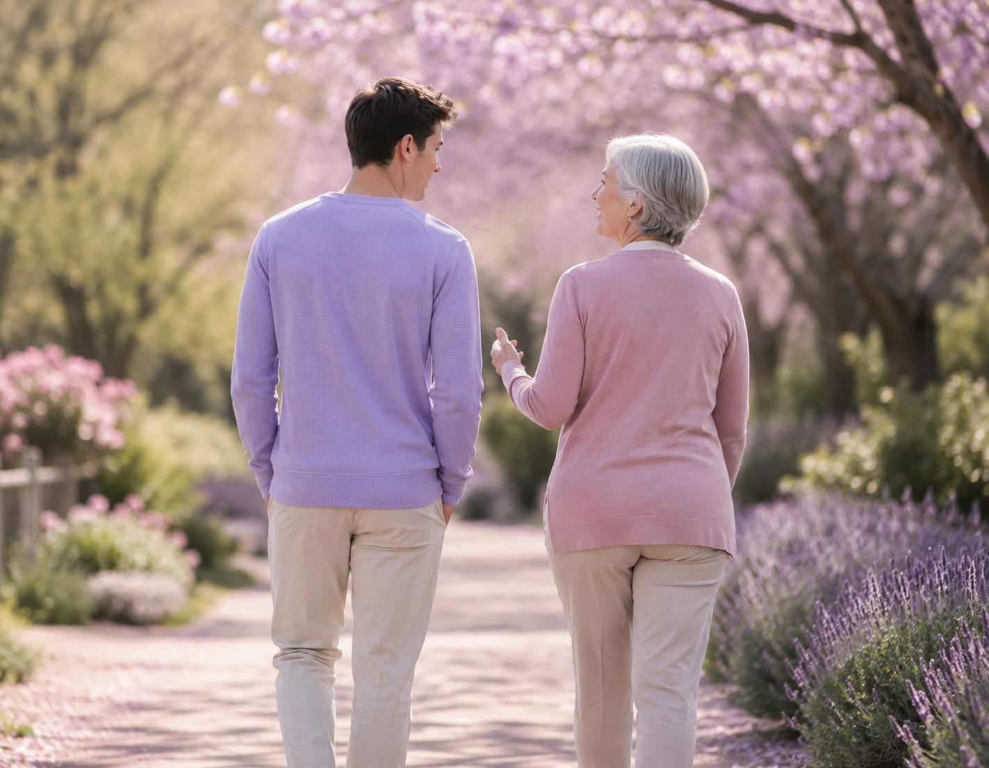 young male and senior white female talk and walk in a park