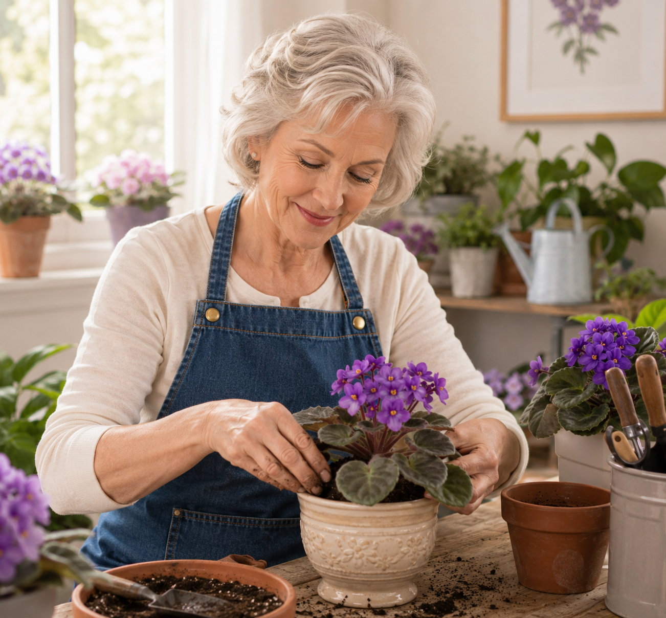 Gray-Haired Gardener Potting African Violets